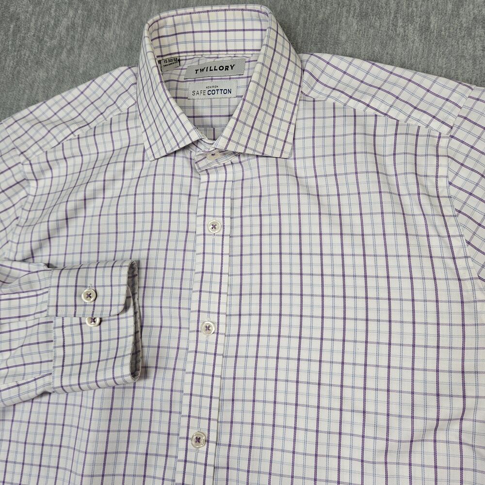 Twillory Shirt Mens 15 32/33 Tailored Fit White Check Twill Non-Iron Button-Up